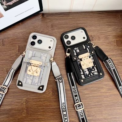 Dior-Style iPhone 17 Pro Max Leather Case with Long Shoulder Strap and Card Holder Wallet – Magnetic Adsorption, Black & Gray