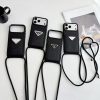 Prada-Milano iPhone 16 / 17 Pro Max Leather Case with Long Shoulder Strap and Card Holder Wallet Phone Bag