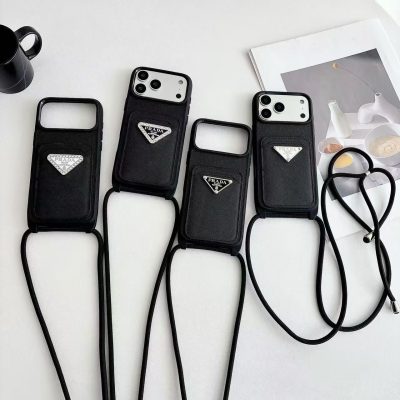 Prada-Milano iPhone 16 / 17 Pro Max Leather Case with Long Shoulder Strap and Card Holder Wallet Phone Bag
