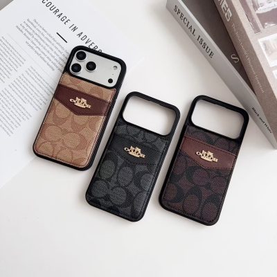 Coach-New York–Style iPhone 17 Pro Max Leather Case with Card Holder Wallet – Black & Brown Leather