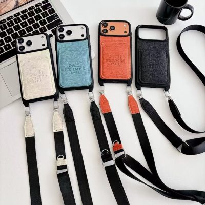 Hermes-Paris–iPhone 17 Pro Max Leather Case with Long Shoulder Strap Style and Card Holder Wallet Phone Bag