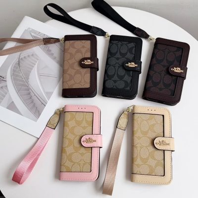 Coach-Style iPhone 17 16 Pro Max Leather Case Phone Bag Wallet Case with Handle Strap and Card Holder Cover