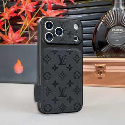 Louis-Vuitton-iPhone 17 16 Pro Max Leather Case with Card Holder Wallet – Black