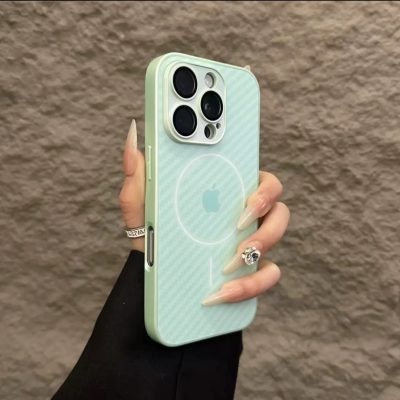 Light-Green Apple Logo iPhone 17 Air Case with MagSafe – iPhone 17 Pro Max / iPhone 16 Pro Max Frosted Glass Phone Case Cover, Honeycomb Heat Dissipation