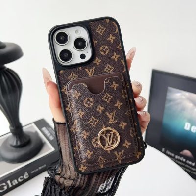 Louis-Vuitton iPhone 17 Pro Max Leather Case with Card Holder Wallet Case LV Gold Logo