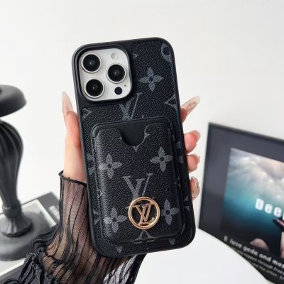 Louis-Vuitton iPhone 17 16 Pro Max Leather Case with Card Holder Wallet – Black Leather Gold LV Logo Protective Phone Cover