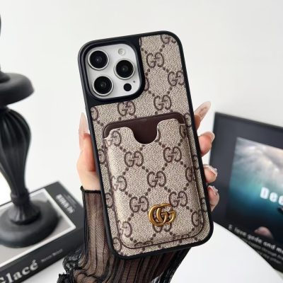 Gucci-GG iPhone 17 / 16 Pro Max Leather Case with Card Holder Wallet – Gold GG Logo Leather Protective Phone Cover