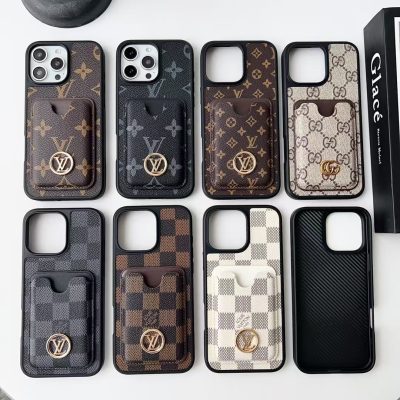 Louis-Vuitton iPhone 17 Pro Max Leather Case with Card Holder Wallet LV Case Cover with Gold LV Logo