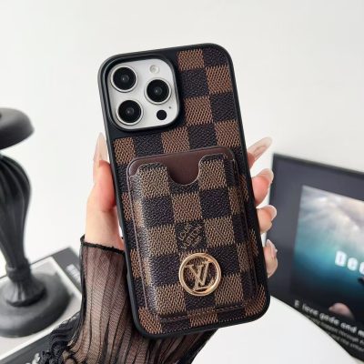 Louis Vuitton-Paris iPhone 17 16 Pro Max Leather Case with Card Holder  Wallet – Gold LV Logo Leather Protective Phone Cover