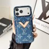 Blue LV iPhone 17 Pro Max Leather Case with Card Holder Wallet LV Cover iPhone 16 Pro Max