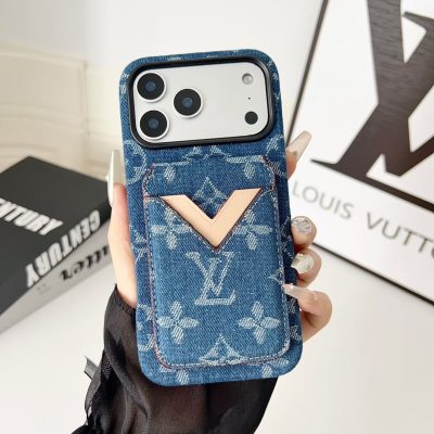 Blue LV iPhone 17 Pro Max Leather Case with Card Holder Wallet LV Cover iPhone 16 Pro Max
