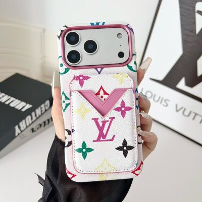 White-Pink Louis-Vuitton iPhone 17 Pro Max Leather Case with Card Holder Wallet LV Cover – iPhone 16 Pro Max Leather Wallet Case