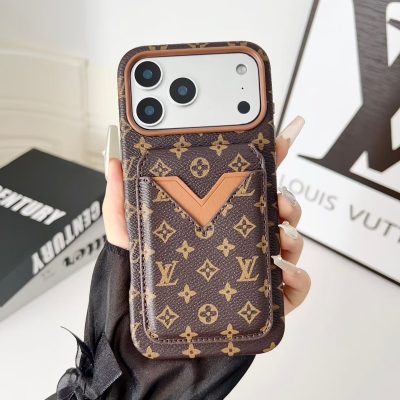 Brown Louis-Vuitton iPhone 17 Pro Max Leather Case with Card Holder Wallet Case LV Cover