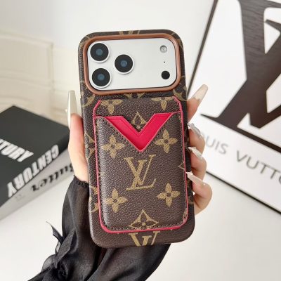 Louis-Vuitton iPhone 17 Pro Max Leather Case with Card Holder Wallet Case Brown-Red Leather LV Cover