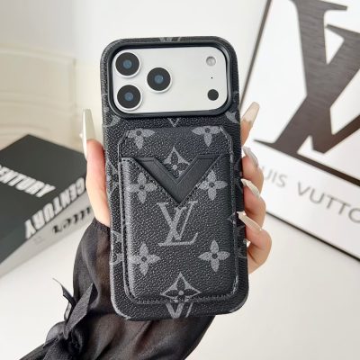Black Louis-Vuitton iPhone 17 Pro Max Leather Case with Card Holder Wallet Case LV Cover