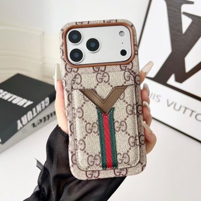 Gucci-GG iPhone 17 / 16 Pro Max Leather Case with Card Holder Wallet – Leather Protective Phone Cover