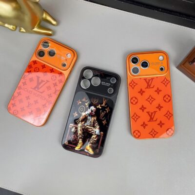 Louis-Vuitton iPhone 17 Pro Max Case – Luxury LV Monogram Glossy Phone Case Cover for iPhone 16 Pro Max, Premium Orange Designer Protective Case