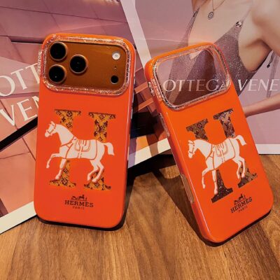 Hermes Paris iPhone 17 Pro Max Leather Case – Luxury Orange Horse Logo Phone Case Cover for iPhone 16 Pro Max, Premium Designer Protective Case