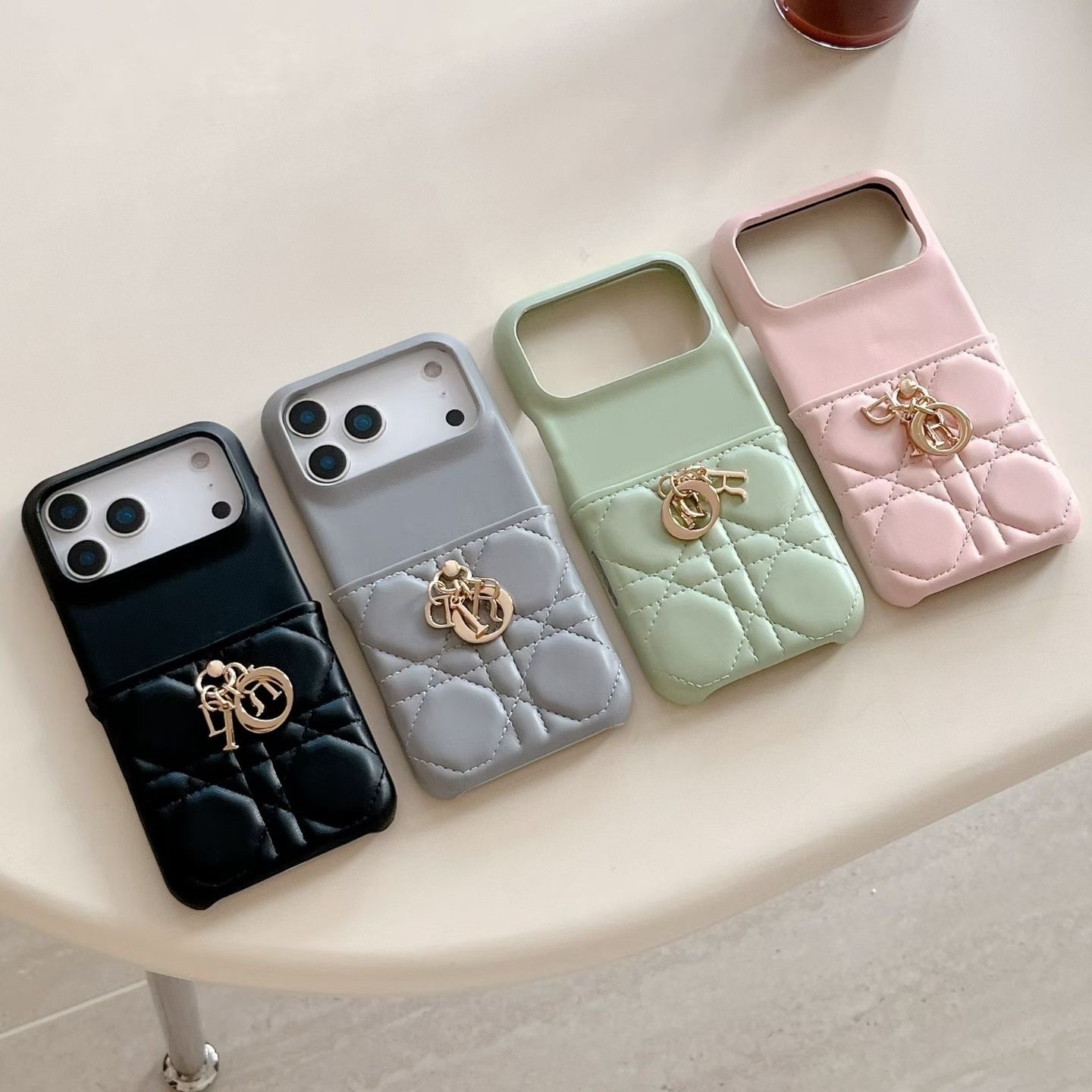 Dior iPhone 17 Pro Max Leather Case with Gold Finger Ring Holder – Luxury Designer Leather Phone Case Cover for iPhone 16 Pro Max