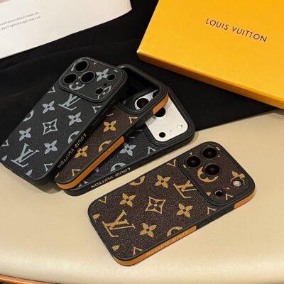 LV iPhone 17 Pro Max Leather Case – Slim Louis Vuitton Brown & Black Leather Phone Case Cover for iPhone 16 Pro Max, Luxury Designer Protective Leather Cover
