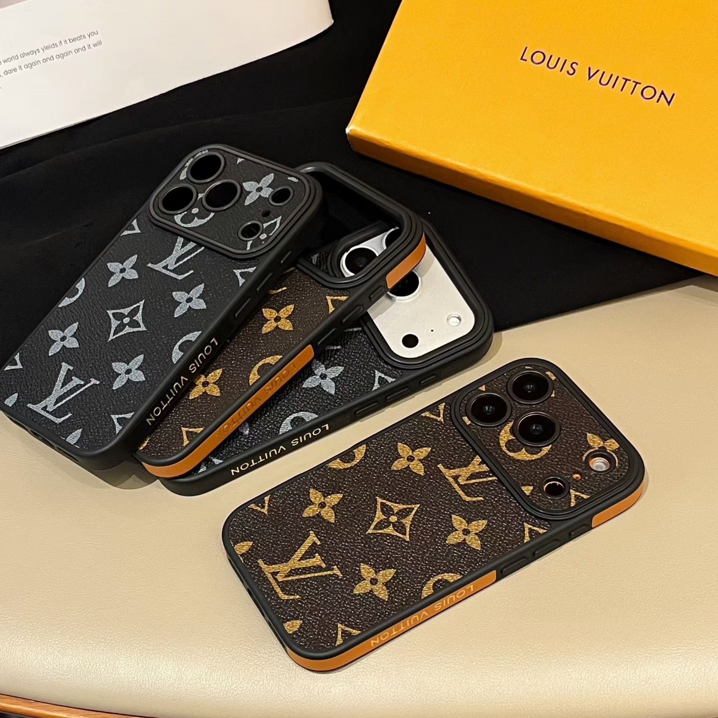 LV iPhone 17 Pro Max Leather Case – Slim Louis Vuitton Brown & Black Leather Phone Case Cover for iPhone 16 Pro Max, Luxury Designer Protective Leather Cover