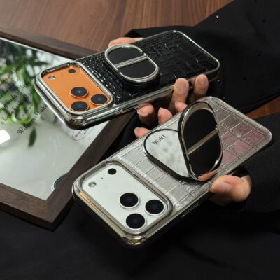 Luxury Dior iPhone 17 Pro Max Leather Case – Premium Leather Skin Texture Phone Case with Mini Mirror Logo for iPhone 16 Pro Max Designer Protective Cover