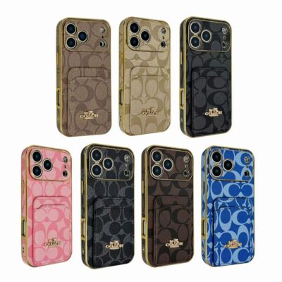 Coach iPhone Leather Case With Card Holder Wallet – Slim Luxury Phone Cover with Golden Metal Edge & Camera Protection for iPhone 13, 14, 15, 16 & 17