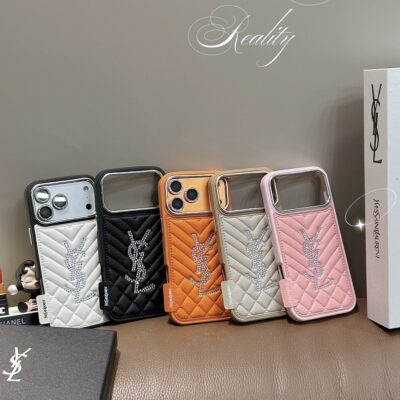 YSL iPhone 17 Pro Max Leather Case – Luxury-Style Leather Phone Cover for iPhone 13, 14, 15, 16 & 17 Pro Max, White, Black, Orange, Kaki & Pink