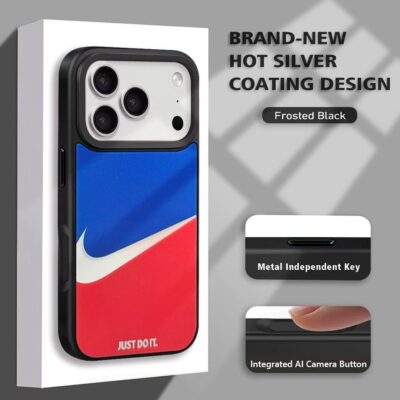 Nike iPhone 17 Pro Max Case – Frosted Black Phone Cover with Hot Silver Coating, Metal Independent Buttons & Integrated AI Camera Button for iPhone 14–17