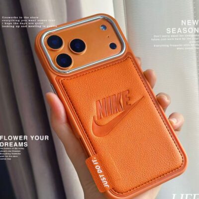 Nike iPhone 17 Pro Max Leather Case – Stylish Leather Phone Cover for iPhone 13, 14, 15, 16 & 17 Pro Max, Orange, Black, Pink & Kaki