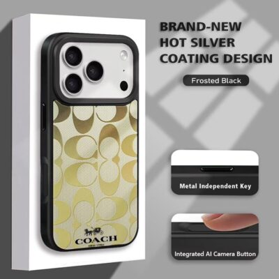 Coach Paris iPhone 17 Pro Max Case – Luxury Gold & Brown Phone Cover with Frosted Black Finish, Silver Coating, Metal Buttons & AI Camera Button