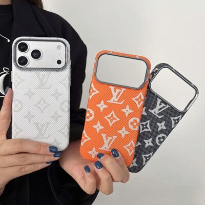 LV iPhone 17 Pro Max Case – Louis Vuitton Style Designer Phone Cover for iPhone 14, 15, 16 & 17 Pro Max, White, Orange & Black