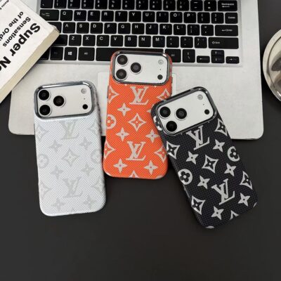 LV iPhone 17 Pro Max Case – Louis Vuitton Style Designer Phone Cover for iPhone 14, 15, 16 & 17 Pro Max, White, Orange & Black