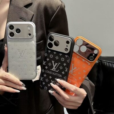 LV Louis Vuitton iPhone 17 Pro Max Case – Luxury Designer Phone Cover for iPhone 14, 15, 16 & 17 Pro Max, White, Black & Orange