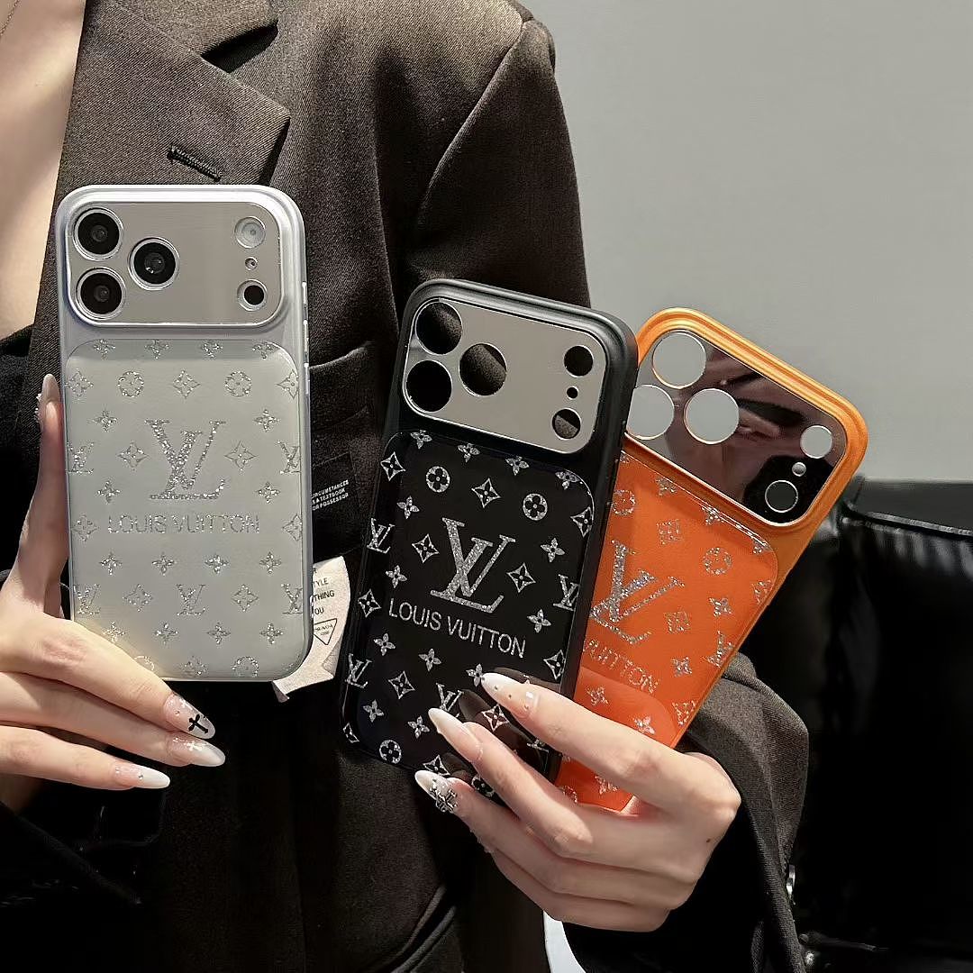 LV Louis Vuitton iPhone 17 Pro Max Case – Luxury Designer Phone Cover for iPhone 14, 15, 16 & 17 Pro Max, White, Black & Orange