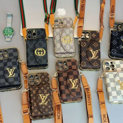 Louis Vuitton iPhone 17 Pro Max Leather Case with Card Holder – Luxury LV Phone Bag with Shoulder Strap and Wallet for iPhone 13, 14, 15, 16 & 17