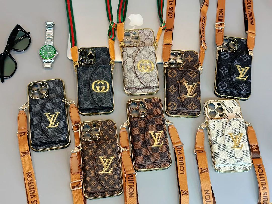 Louis Vuitton iPhone 17 Pro Max Leather Case with Card Holder – Luxury LV Phone Bag with Shoulder Strap and Wallet for iPhone 13, 14, 15, 16 & 17