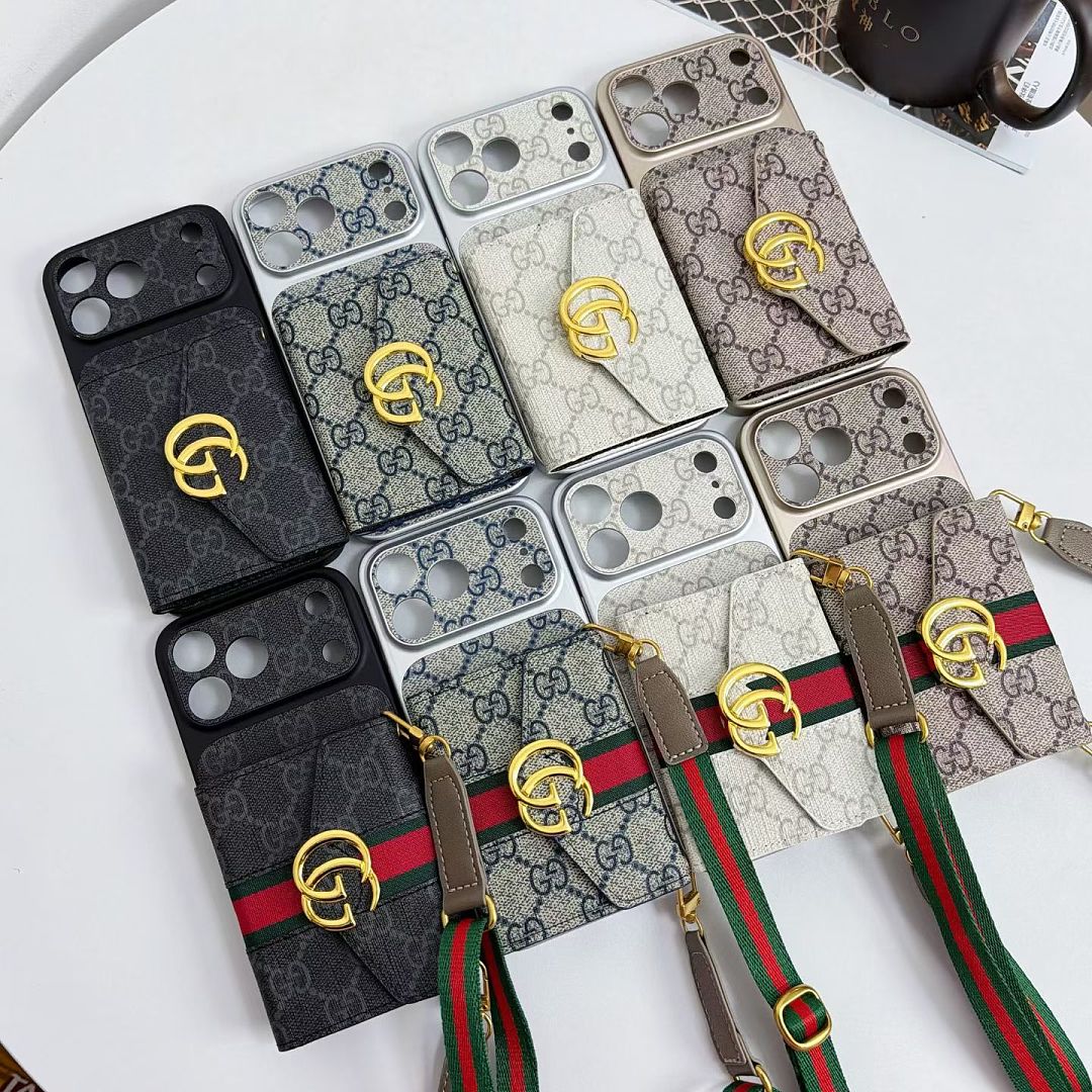 Gucci iPhone 17 Pro Max Leather Case with Card Holder & Shoulder Strap – Luxury Designer Phone Bag for iPhone 13, 14, 15, 16 & 17