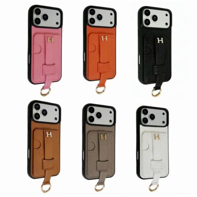 Hermès iPhone 17 Pro Max Leather Case with Card Holder & Handle Support – Luxury Designer Phone Cover for iPhone 13, 14, 15, 16, 17 & 18