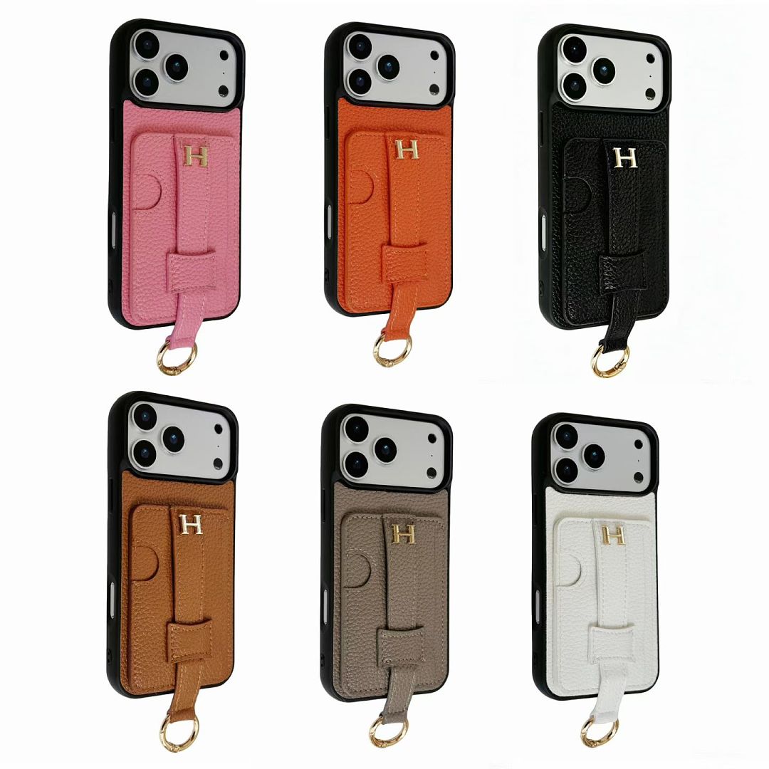 Hermès iPhone 17 Pro Max Leather Case with Card Holder & Handle Support – Luxury Designer Phone Cover for iPhone 13, 14, 15, 16, 17 & 18