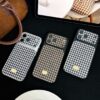 Houndstooth iPhone Case Black and White – Slim Glossy Designer Phone Cover with Gold-Tone Metal Logo for iPhone 17 Pro Max, 17 Pro, 16 Pro Max, 15 Pro Max, 14 Pro Max & 13 Pro Max
