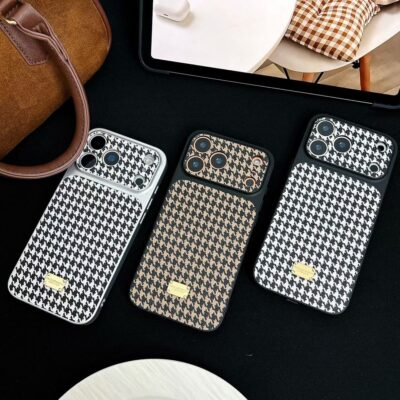 Houndstooth iPhone Case Black and White – Slim Glossy Designer Phone Cover with Gold-Tone Metal Logo for iPhone 17 Pro Max, 17 Pro, 16 Pro Max, 15 Pro Max, 14 Pro Max & 13 Pro Max
