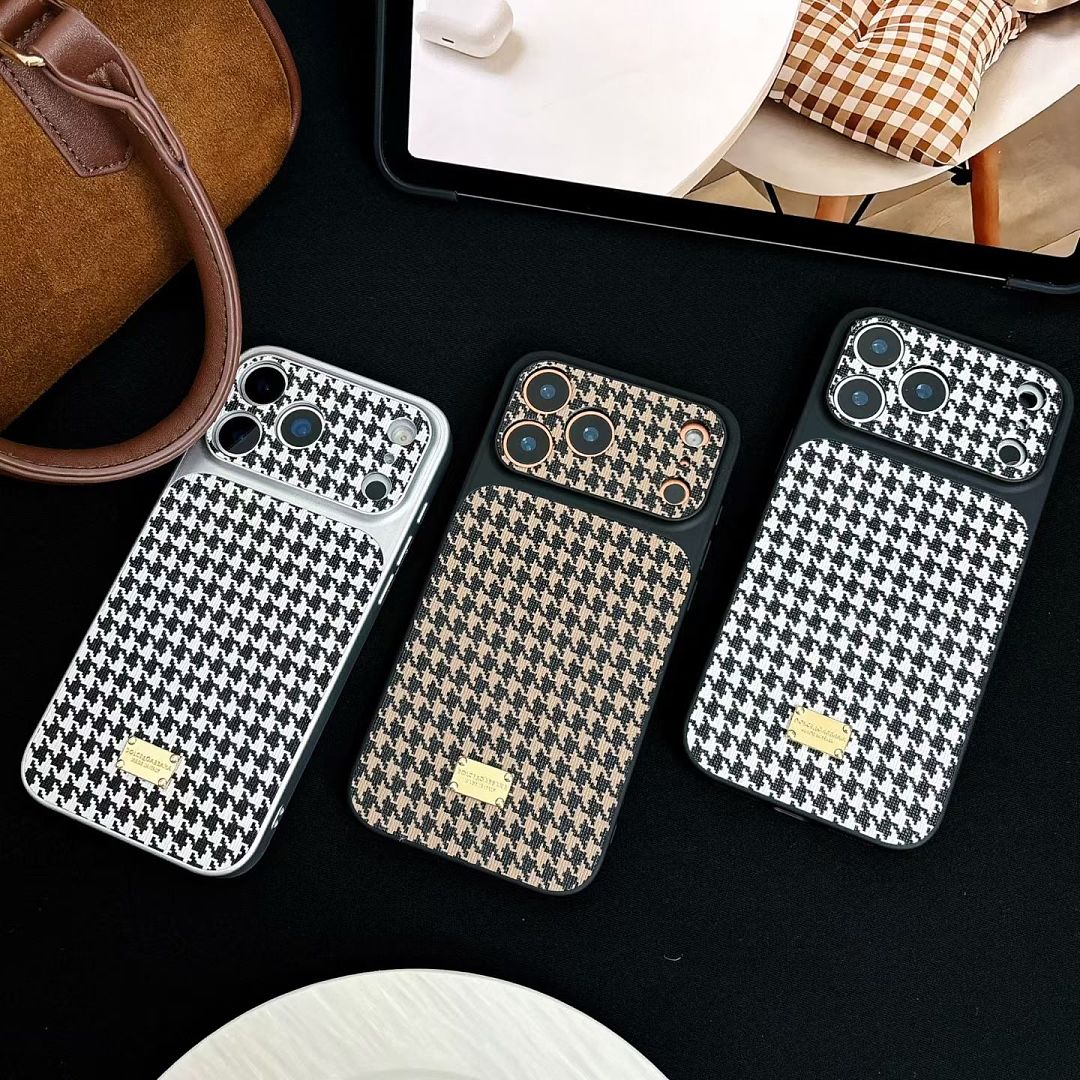Houndstooth iPhone Case Black and White – Slim Glossy Designer Phone Cover with Gold-Tone Metal Logo for iPhone 17 Pro Max, 17 Pro, 16 Pro Max, 15 Pro Max, 14 Pro Max & 13 Pro Max