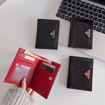 Black Prada Saffiano Leather Wallet – Small Designer Purse and Credit Card Holder for Women, Compact Black Leather Card Wallet