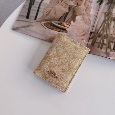Brown Coach Leather Wallet for Women – Small Designer Purse and Credit Card Holder, Compact Brown Leather Card Wallet