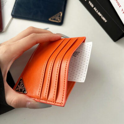 Orange Prada Saffiano Leather Card Holder Wallet – Slim Designer-Style Credit Card Case for 3–6 Cards, Available in Pink, Green, Gray Blue, Black and Brown